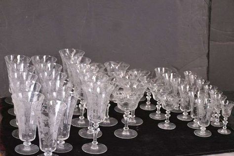 40 piece Fostoria etched crystal stemware set; 155-853 Crystal Pattern, Crystal Stemware, Juice Glasses, Auction Items, Vintage Glassware, Stemware, Iced Tea, Online Auctions, Etching