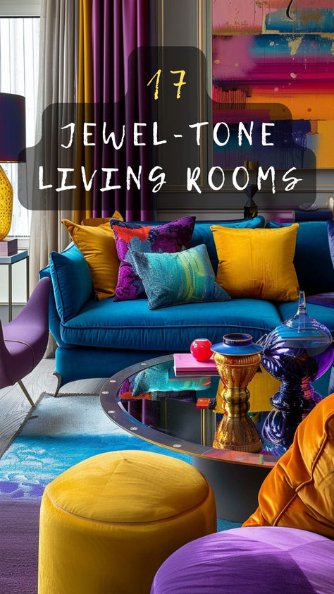 Embrace elegance! 💍🛋️ Click to see 17 elegant jewel-tone living room ideas that add sophistication and style to your home. Find your favorite! #ElegantLivingRoom #JewelToneStyle #HomeDecor #SophisticatedInteriors #RoomMakeover Blue And Red Living Room Color Scheme, Jewel Toned Office Decor, Jewel Tone Sofa, Funky Sunroom Ideas, Jewel Tone Design, Jewel Tone Room Decor, Jewel Paint Colors, Colour Saturation Interior, Decorating With Jewel Tones