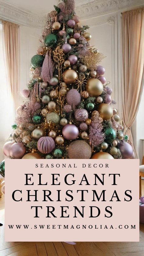 Get inspired by the most elegant Christmas trends of 2024! From sophisticated holiday decor to timeless touches, explore how to elevate your festive celebrations this season. 🌟🎁 #ChristmasTrends #ElegantDecor #Christmas2024 #HolidayInspo #SeasonalDecor Christmas Tree With Holly Berries, Fancy Christmas Tree Decorations, Luxury Christmas Trees, Green Christmas Tree With Pink Ornaments, Magnolia Christmas Decor Ideas, Christmas Tree 2025 Trends, Christmas Tree Decorations 2024, Christmas Tree Decorations 2024 Trends, Christmas Trees 2024 Trends