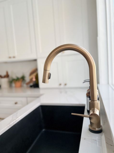 Stainless Sink With Gold Faucet, Champagne Gold Kitchen Hardware, Brushed Bronze Kitchen Faucet, Brushed Gold Kitchen Hardware, Brushed Brass Kitchen Faucet, Brushed Bronze Kitchen, Gold Hardware Kitchen, Gold Faucet Kitchen, Black Undermount Kitchen Sink