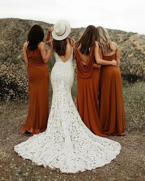 fall wedding mismatched bridesaid dresses Rust Bridesmaid Dress, Wedding Color Trends, Beautiful Bridesmaid Dresses, Wedding Dress Pictures, Colored Wedding Dresses, Elegant Wedding Dress, Wedding Dresses Unique, Dress Picture, Rust Color