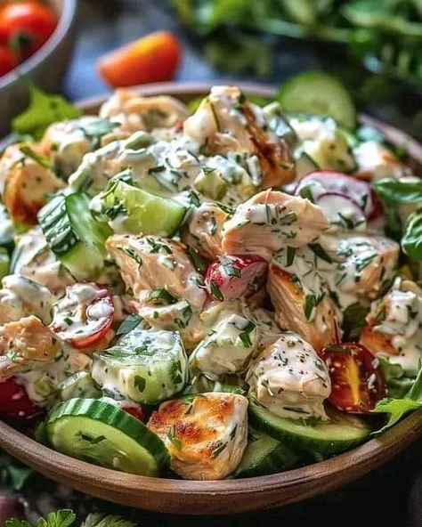 Bariatric Recipes, Tips and Meals | Tzatziki Chicken Salad | Facebook Easy Greek Tzatziki Chicken Salad, Greek Tzatziki Salad, Skinnytaste Salad Recipes, Tzatziki Sauce Salad, Tzatziki Salad Dressing, Tzatziki Salad Recipe, Cucumber Tzatziki Salad, Greek Chicken Salad With Tzatziki, Mediterranean Salad With Chicken