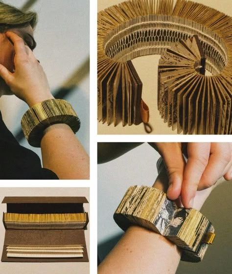 Photos of a book bracelet. It has tiny pages with a binding that is a circle around the wrist and the pages facing out. Book Bracelet, Buch Design, Book Sculpture, Handmade Book, Book Folding, Paper Jewelry, Paper Book, Handmade Books, Kirigami