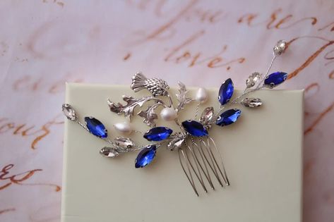 Petite Sapphire Blue Hair Comb Scottish Thistle Headpiece | Etsy UK Sapphire Blue Hair, Prom Headpiece, Blue Wedding Hair, Pearl Hair Piece, Bridal Floral Headpiece, Hair Chain, Wedding Comb, Brass Components, Hair Chains