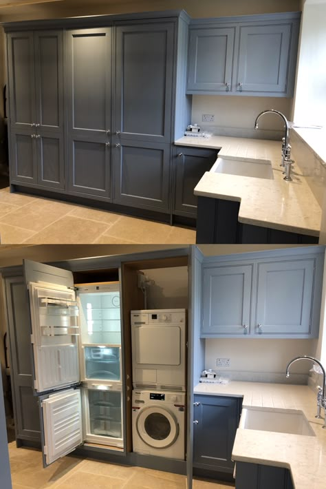 Laundry In Kitchen, Hidden Fridge, Boot Room Utility, Utility Room Storage, Small Utility Room, Utility Room Designs, Utility Cupboard, Large Fridge, Mudroom Laundry Room