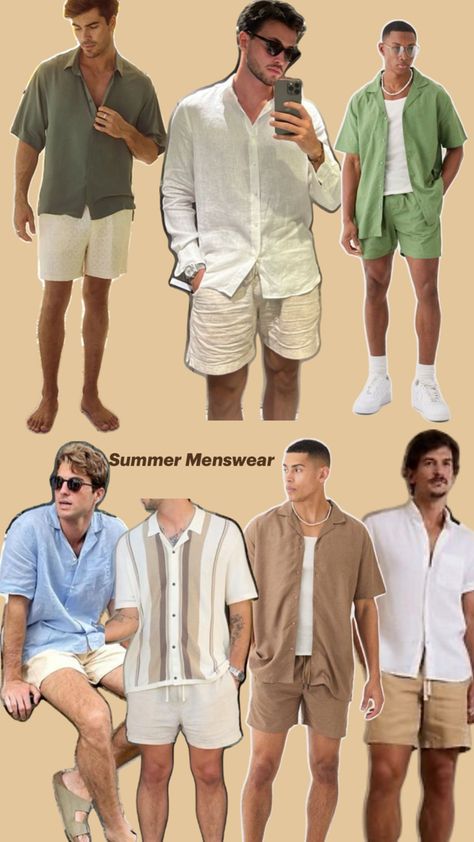 Summer men style inspo, vacation Casual Beach Outfit Men, Thailand Men Outfit, Men’s Vacation Outfit Ideas, Island Outfits Men, Beach Party Outfit Men, Summer Style Men Casual, Summer Vacation Outfits Men, Mens Vacation Outfits Beach, Summer Men Style