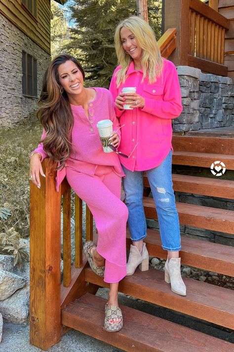 Shacket, Hot Pink Shacket, Sweater Set, Loungewear, Work From Home Outfit, Gucci Slides, Designer Slide Sandals, Pink Sweatshirt and Sweatpants. Fall Outfits, Casual Outfit Ideas, Booties. Fashion Outfit Ideas | Fall Style | Emily Ann Gemma Hailee Sweater Set, Pink Shacket, Emily Ann Gemma, Emily Ann, Work From Home Outfit, Outfit Ideas Fall, Gucci Slides, Fashion Outfit Ideas, Cozy Outfit