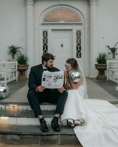 Reception vibes but add some disco balls 🪩✨ Disco Reception Styled by: @ajphotography_____ and @photosbynatalierutherford Venue: @allandalemansion Dress: @southernbellebridal Hair: @sara.styleshair Disco Wedding Photos, Disco Engagement Photos, Disco Reception, Arcade Shoot, Pop Wedding, Shooting Inspiration, Glitter Ball, Colour Pop, Disco Balls