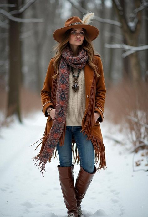 winter outfit boho Blanket Coat Outfit, Cute Cowgirl Outfits Winter, Country Casual Outfits Women, Cowgirl Winter Outfits Western Wear, Natural Fashion Style Outfits, Felt Hat Outfit Winter, Boho Chic Outfits For Women Over 50, Boho Outfits With Jeans, Boho Cowgirl Outfits