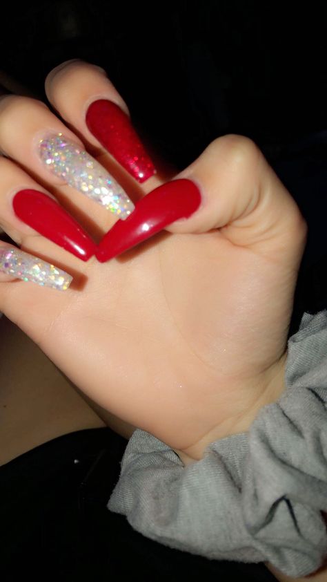 Red And Sparkle Acrylic Nails, Red Acrylic Nails Simple, Acrylic Nails Ideas Red, Sparkly Red Nails Acrylic, Red Sparkle Nails Acrylic, Red Nails Ideas Coffin, Red Coffin Nail Ideas, Red Coffin Acrylic Nails, Red Nails Acrylic Coffin