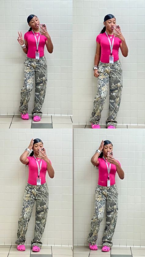 School Outfits For Birthday, Pink Shirt With Camo Pants, Pink Outfit Ideas Black Women, Pink Camo Pants Outfit, Pink Back To School Outfits, Camo Pants Outfit Baddie, Baddie Fits For School, How To Style Camo Pants, Teen Swag Outfits