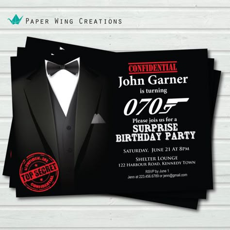 70th birthday invitation for man. Surprise by ThePaperWingCreation, $13.00 James Bond Theme Party, Bond Party, James Bond Skyfall, James Bond Party, Casino Royale Theme, Surprise Party Invitations, James Bond Theme, Surprise Birthday Invitations, 70th Birthday Invitations