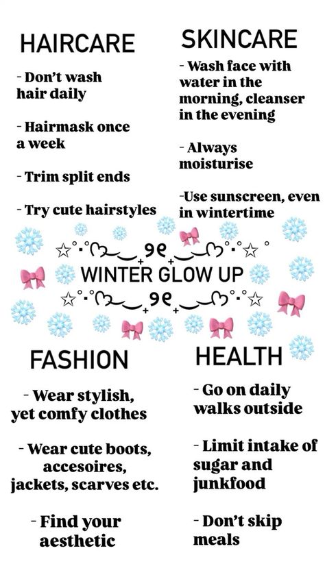 #WinterGlowUp #WinterBeautyTips #GlowUpGoals #WinterSkincare #GlowingSkin #WinterMakeup #GlowingFromWithin #WinterWellness #GlowUpChallenge #WinterSelfCare #GlowingAllSeasons #WinterBeautyRoutine #GlowingInColdWeather Hair Care For Winter, Winter Break Glow Up Checklist, Glow Up Tips For Winter, Winter Selfcare Aesthetic, Winter Glow Up Tips, Glow Up Winter, Hair Glow Up Tips, Winter Glow Up, Winter Haircare