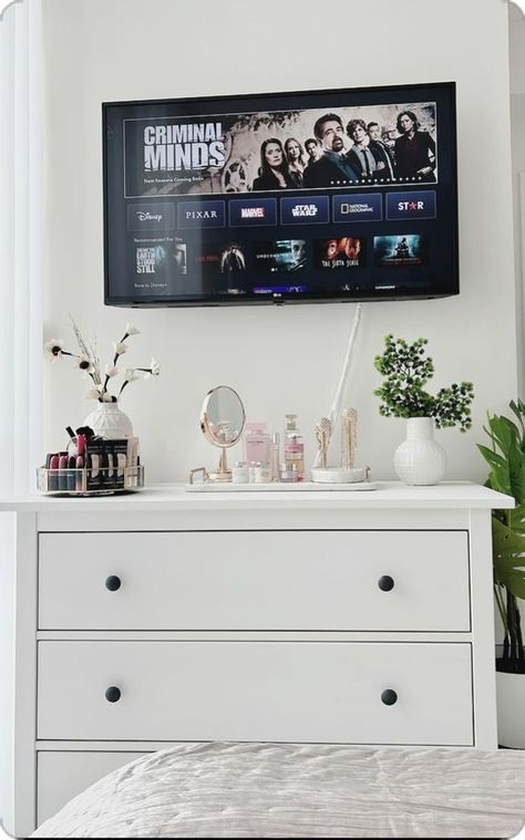 Tv In Bedroom Ideas, Baby Bedroom Furniture, Tv Bedroom, Wall Mount Tv, Dresser Decor Bedroom, Bedroom Tv Stand, Mount Tv, Colourful Living Room Decor, Cute Diy Room Decor