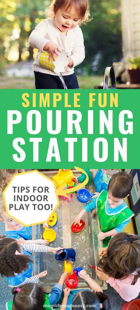 Outdoor water play for preschoolers is fun for learning, playing, and being outside together! Children love this DIY water pouring station for kids- toddlers and up will enjoy pouring and splashing! Get tips for indoor playing too! Water Play For Toddlers, Pouring Station, Play For Preschoolers, Outdoor Water Play, Games To Play Outside, Fun Water Games, Grandparents Activities, Water Play For Kids, Water Pouring