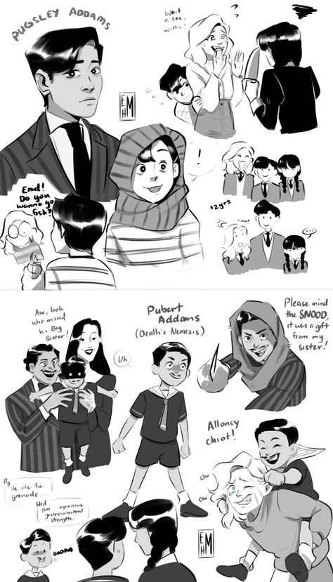 Genderbent Addams Family, Pugsley Addams Fanart, The Addams Family Fanart, Addams Family Fanart, Wednesday Addams Fanart, Wednesday Comic, Wednesday And Enid, Wednesday Series, Addams Familie