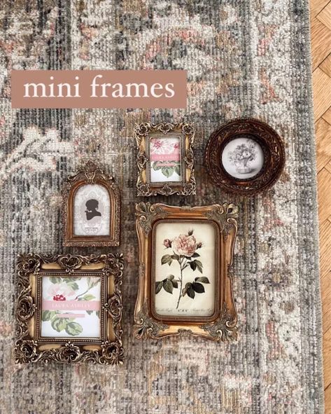 Wall Of Vintage Frames, Small Picture Frame Collage, Mini Vintage Picture Frames, Mini Picture Frames Ideas, Vintage Picture Frames On The Wall, Tiny Picture Frames, Thrifted Gifts, Mini Gallery Wall, Dorm Crafts