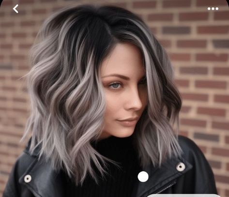 Colored Black Hair Ideas, Hair Ideas For Greying Hair, Grey Balyage Short Hair, Silver Balayage On Dark Hair Short, Blonde And Grey Balayage, Dark To Blonde Balayage Short Hair, Short Grey Balayage Hair, Dark To Grey Balayage, Cool Blonde On Dark Hair