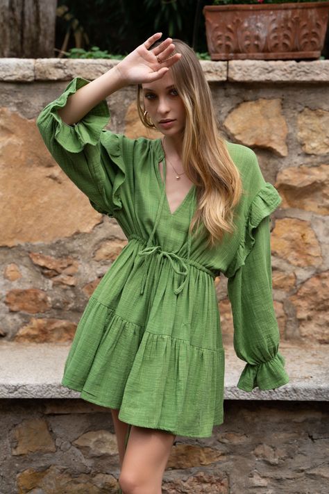 The Halimun Dress is crafted from Double Cotton Gauze, soft and textured, hand-dyed in our signature colour green. Colourful Dress Outfit, Linen Dress Outfit, Double Gauze Dress, Volume Skirt, Spring Mini Dresses, Gauze Clothing, Colourful Dress, Green Linen Dress, Long Puffy Sleeves