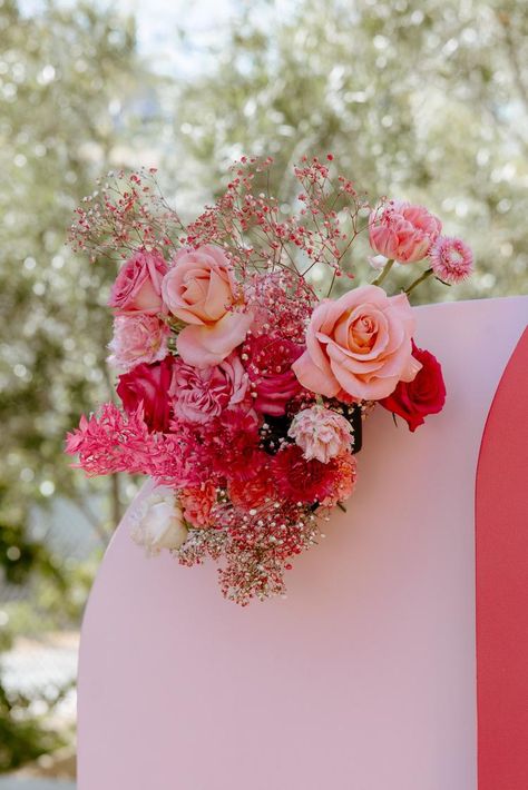 February Wedding Bouquets, Blue And Hot Pink Wedding, Pink Retro Wedding, Hot Pink Wedding Theme, Retro Glam Wedding, Sophie And Joe, Barbiecore Wedding, Hot Pink Wedding Flowers, Monochromatic Pink