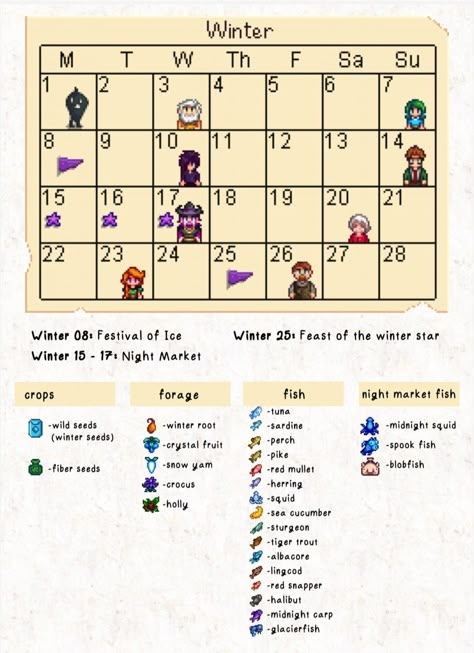 Stardew valley Stardew Valley Crops Seasons, Stardew Valley Winter Fish, Stardew Valley Dating, Stardew Birthdays, Stardew Valley Seasons, Stardew Valley Events, Stardew Valley World Seeds, Stardew Valley Winter Farm, Stardew Valley Community Center Checklist