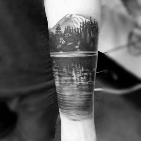 40 Lake Tattoo Designs For Men - Nature Ink Ideas Lake Tattoos For Men, Lake Tattoo Sleeve, Lake Life Tattoo Ideas, Lady Of The Lake Tattoo, Lake Tahoe Tattoo, Lake Tattoo Ideas, Cottage Tattoo, Cabin Tattoo, General Tattoo