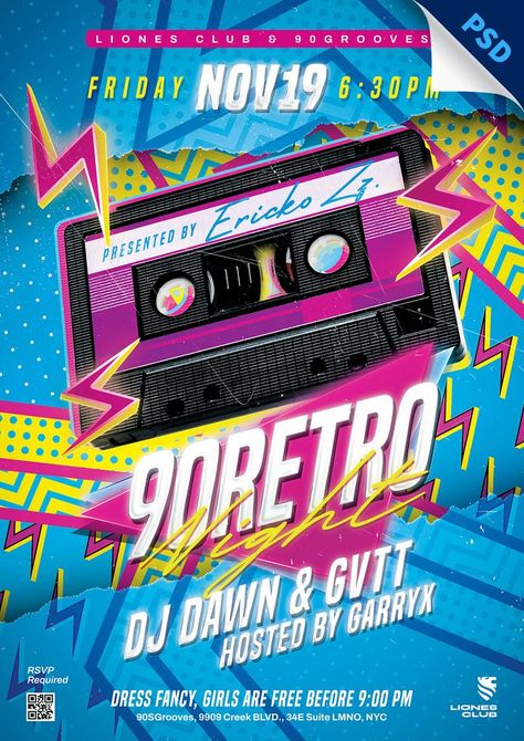 Editable Photoshop file available to download on Envato Market. 90s Party Theme, 90s Retro Party, 90s Theme Party, Party Flyer Template, 90s Party, Retro Party, Event Promotion, 90s Retro, Party Flyer