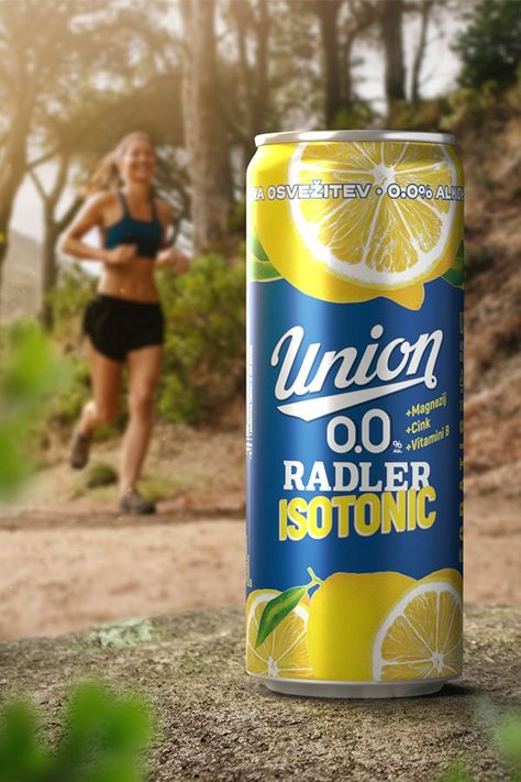 When you introduce a zero-alcohol, lemon isotonic-flavored beer with vitamins and minerals for regeneration after a workout, your packaging has to communicate what the drink is all about in an instant. Union Radler ticks all the boxes with this outstanding design, with the MATT effect that gives some pop to its light look and feel! #FEELRecharged #CANPACK #CreateThatFeeling Isotonic Drink Packaging, Drinks Advertising Design, Creative Drink Ads, Isotonic Drink, Vitamin Drink, Zero Alcohol, Camping Drinks, Juice Ad, Flavored Beer