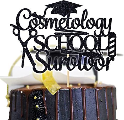 Hair Stylist Graduation Party Ideas, Beautician Graduation Party, Cosmetology Graduation Party Decorations Ideas, Cosmetology School Graduation Party, Cosmotology Party Ideas Graduation, Cosmetology Graduation Party, Survivor Cake, Cosmetology Cake, Beauty School Graduation