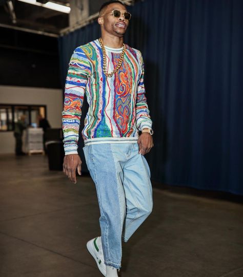 Russell Westbrook Outfits, Westbrook Outfits, Celtics Game, Sweater Outfits Men, Coogi Sweater, Interactive Video, Nba Fashion, Retro Sweater, Russell Westbrook