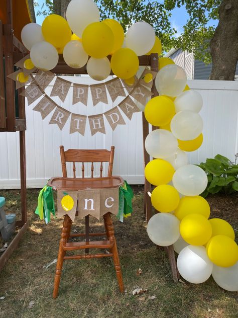 Lemon Birthday Party Decorations, First Lemonade Birthday, Lemon Theme 1st Birthday Party, Lemon Themed First Birthday Party, Lemonade Stand Balloon Arch, Backyard First Birthday Party, Lem-one-ade Party, Lemon First Birthday Theme, 1st Birthday Lemon Theme Cake