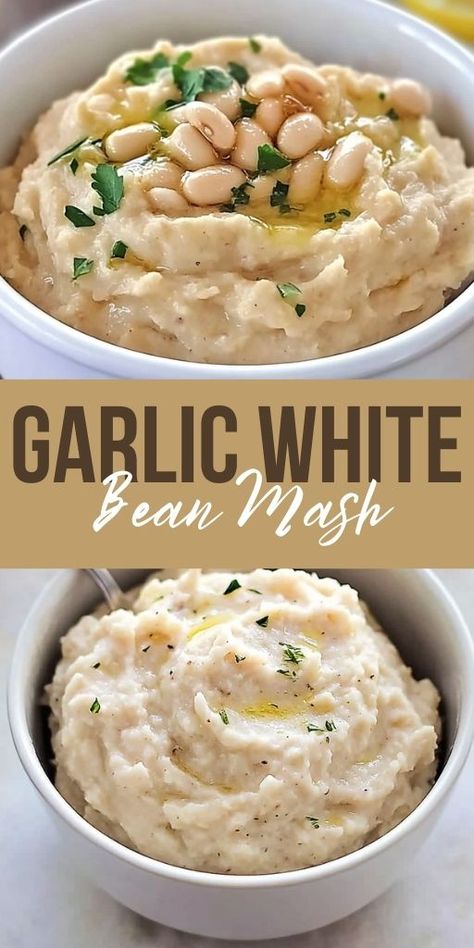 Garlic White Bean Mash Ingredients: 1 can (15 oz) cannellini beans, drained and rinsed 2 tablespoons olive oil 3 cloves garlic, minced 1/4 cup vegetable or chicken broth 1 tablespoon lemon juice Salt and pepper to taste Fresh parsley for garnish (optional) #Garlic #White #Bean #Mash Bean Mash, Cannellini Beans Recipes, Cannellini Bean, Garlic Mashed, Cannellini Beans, White Bean, Delicious Dinner Recipes, Bean Recipes, White Beans