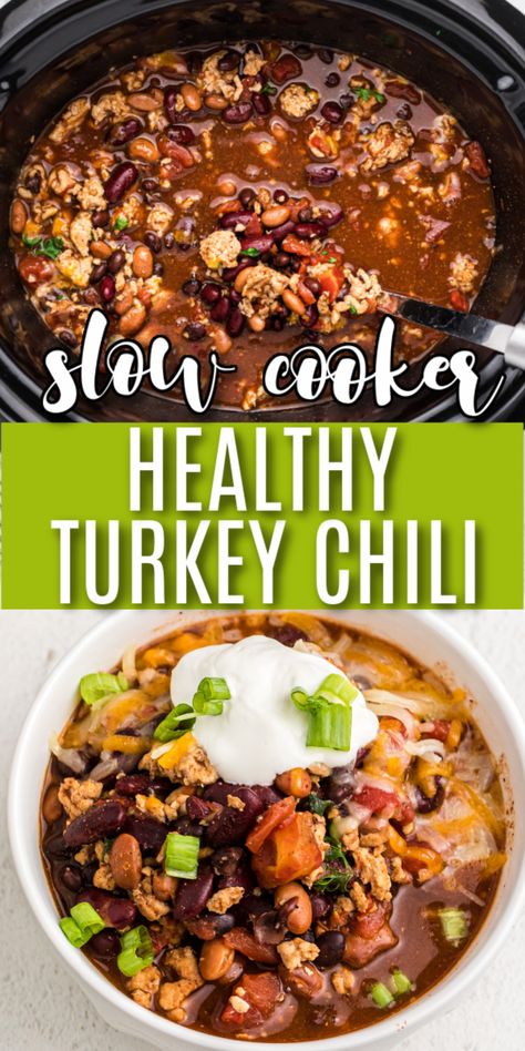 FAMILY FAVORITE! This Healthy Slow Cooker Turkey Chili is a delicious and hearty meal that is packed full of protein. Made with lean ground turkey, 3 different beans, and the perfect blend of seasonings. You won't believe how fast this Crockpot Turkey Chili disappears! We even share how to meal prep this dish for the freezer. It's an easy recipe the whole family loves. Slow Cooker Turkey Chili Recipe, Healthy Chili Crockpot, Crockpot Turkey Chili, Ground Turkey Crockpot Recipes, Turkey Chilli, Turkey Chili Crockpot, Turkey Crockpot Recipes, Ground Turkey Soup, Chili Recipe Healthy