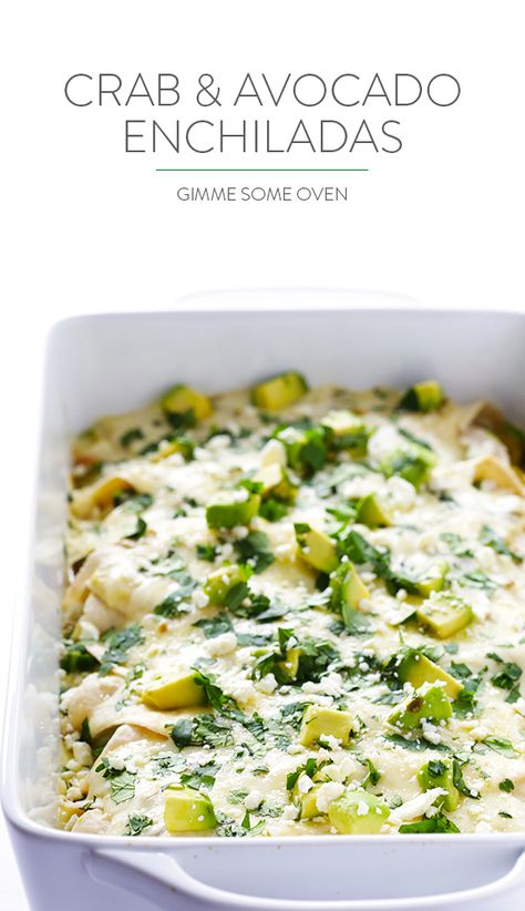 This crab and avocado enchiladas recipe is made with a delicious cream sauce, and comes together with just 20 minutes of prep time! | gimmesomeoven.com Crab Enchiladas Recipe, Crab Enchiladas, Avocado Enchiladas, Crab And Avocado, Enchiladas Recipe, Gimme Some Oven, Crab Recipes, Delicious Cream, Enchilada Recipes