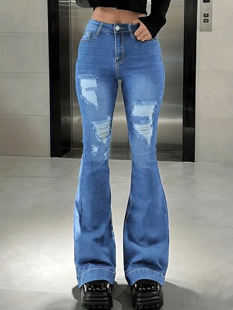 Women's Flare Bell Bottom Jeans Ripped Jeans Stretchy Denim Pants Y2K Jeans Medium Wash    Denim Plain Flare Leg,Skinny High Stretch,Medium Stretch  Women Clothing, size features are:Bust: ,Length: ,Sleeve Length: Pants Y2k, Warm Leggings, Jeans Ripped, Winter Jeans, Bottom Jeans, Y2k Jeans, Women Denim Jeans, Bell Bottom, Denim Flares