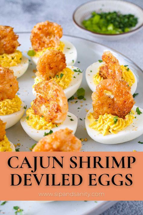 Deviled eggs with Cajun shrimp on a platter garnished with herbs. Spicy Cajun Shrimp, Shrimp Deviled Eggs, Deviled Eggs Recipe Classic, Best Deviled Eggs, Deviled Eggs Classic, Chicken Appetizers, Appetizer Platters, Cajun Cooking, Appetizers Easy Finger Food