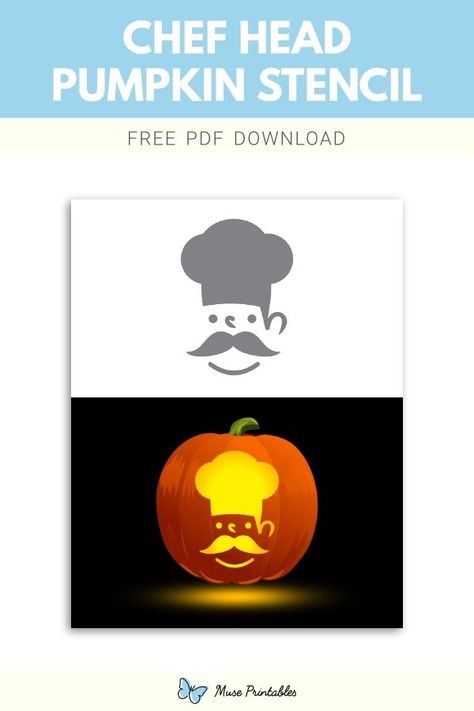 Free printable chef head stencil for pumpkin carving. Download it at https://museprintables.com/download/pumpkin-stencil/chef-head/ Stencil For Pumpkin Carving, Head Pumpkin, Printable Pumpkin Stencils, Pumpkin Stencils Free, Pumpkin Stencils, The Pumpkin King, Eating Pizza, Pumpkin Stencil, Pumpkin King