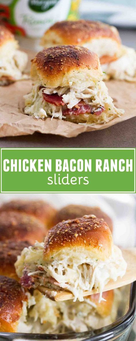 Chicken Bacon Ranch Sliders - ranch chicken, bacon, and cheese get baked inside rolls that are topped with a buttery ranch to make these crowd pleasing sandwiches. Chicken Bacon Ranch Chicken, Sliders Chicken, Chicken Bacon Ranch Sliders, Bacon Ranch Sliders, Soups And Sandwiches, Ranch Sliders, Sandwiches Chicken, Bacon Ranch Chicken, Sliders Recipes Chicken