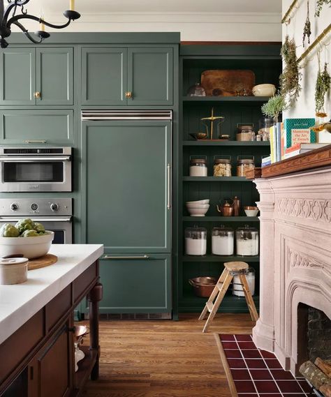 Joanna Gaines' Castle kitchen cabinet color scheme defies paint trends | Joanna Gaines Kitchen, Castle Kitchens, Paint Trends, Cottage Grove, Interior Design Advice, Kitchen Pantry Cabinets, Green Cabinets, White Modern Kitchen, Kitchen Cabinet Colors