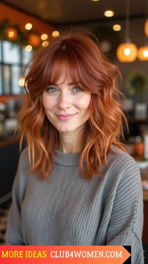 23 Stunning Red Hairstyles for Fall: 23 Gorgeous Ideas to Try This Season Auburn Hair Color With Bangs, Shoulder Length Auburn Balayage, Bright Copper Balayage, Red Orange Balayage, Short Copper Hair With Bangs, Ginger Haircuts, Auburn Copper Hair, Short Copper Hair, Hairstyles For Fall