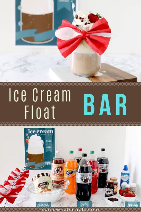 Super cute set up for an ice cream float bar. There are different soda's, ice cream, and decor. Ice Cream Party Bar, Ice Cream Float Bar, Student Snacks, Float Bar, Ice Cream Float, Fun Ice Cream, Christmas Cookie Box, Sundae Bar, Delicious Christmas Cookies