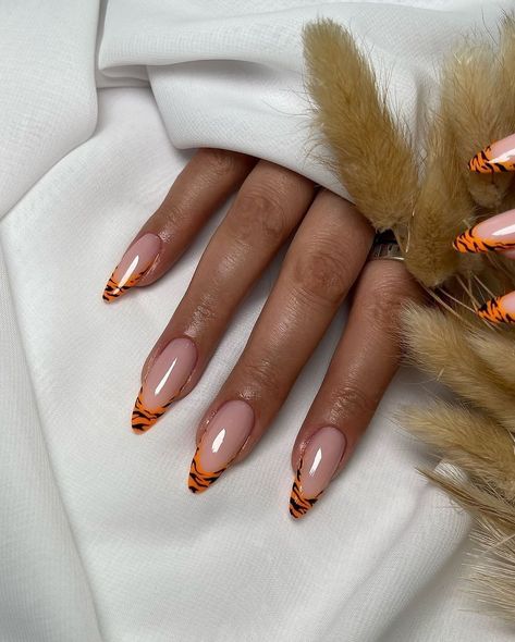 Tiger Stripe Nails, Tiger Nail Art, Modern French Twists, Tiger Nails, Orange Nail Designs, Fall Nail Ideas, Elegant Nail, Animal Instinct, Elegant Nail Art