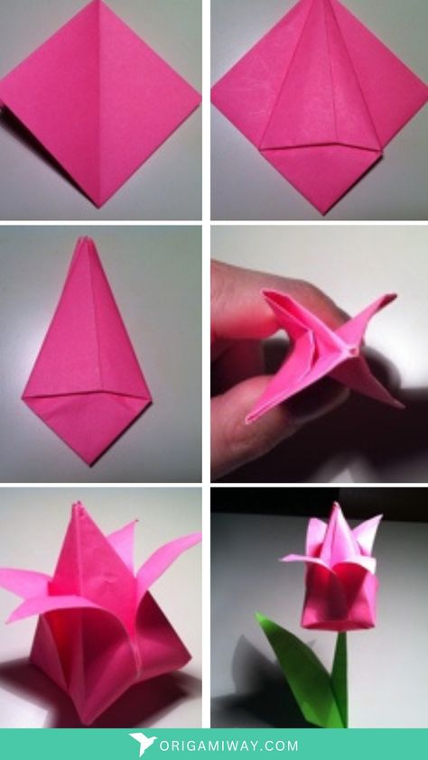 A paper origami pink tulip Origami Tulip Step By Step, Tulip Origami, Origami Tulip, Paper Tulips, Easy Origami Flower, Octopus Crafts, Origami And Quilling, Easy Paper Flowers, Paper Flower Crafts