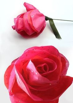 Just in time for the start of wedding season and Mother’s Day, here’s an easy how-to for beautiful tissue paper roses. They might look time-consuming to make, but reading these directions will probably take you more time than it does to make them! We’ve embellished our deluxe laminated gift bags and purse totes with white... Tissue Paper Roses, Paper Roses Diy, Tissue Paper Craft, Crepe Paper Roses, Tissue Paper Flowers Diy, Tissue Paper Crafts, Tissue Flowers, Craft Flowers, Tissue Paper Flowers