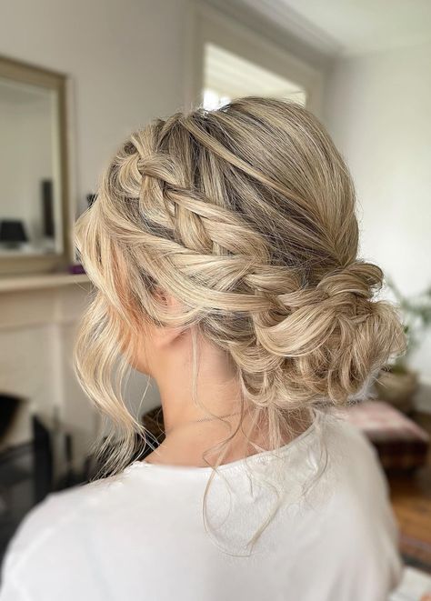 40+ Dreamy Bridesmaid Updos for a Picture-Perfect Wedding - Days Inspired Hair Up Styles For Bridesmaids, Medium Length Updo Wedding Bridesmaid, Bridesmaid Hairstyles Low Updo, Bridesmaids Hair Styles Updo, Cute Bridesmaid Hairstyles Up Dos, Wedding Hairstyles French Braid, Cute Bridesmaid Updos, Western Bridal Hair Updo, Casual Hair For Wedding Guest