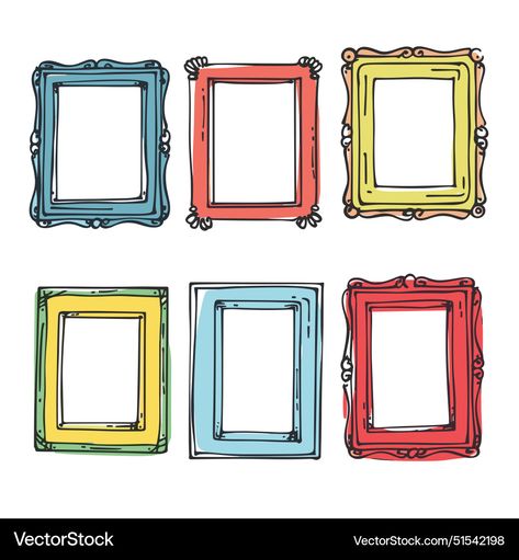 Illustrated Picture Frames, Picture Frame Illustration, Frames Doodle, Picture Frames Vintage, Fun Frames, Picture Frame Drawing, Colorful Picture Frames, Frame Ribbon, Photo Border