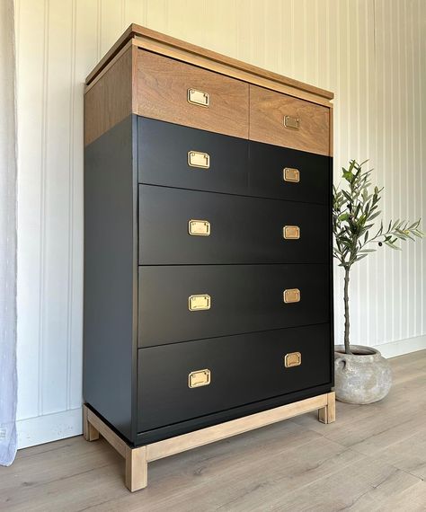 When mismatched pieces make a set! We sourced a tallboy and a separate set of nightstands to go with the Drexel piece for our sweet client. They all are campaign style and we refinished them to match and made it into a cohesive set. Love how they all came together and made a complete set! Paint- black from @ppgpaints breakthrough. Wood- custom tan wash method. Top coat- Varathane DWF @varathane SOLD! If you’re looking for a piece of furniture, we can find a piece that will work for you... Two Tone Furniture, Tan Wash, Paint Black, Set Love, Upcycled Furniture, Work For You, Furniture Ideas, Top Coat, Antique Furniture