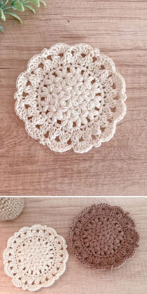 Crochet Motif Flower, Crochet Coasters In A Pot, Crochet Coasters Free Pattern Round, Star Coaster Crochet Pattern, Flower Coasters Crochet, Crochet Motif Patterns Free, Crochet Plant Coaster, Crochet Home Decor Ideas, Crochet Coaster Patterns