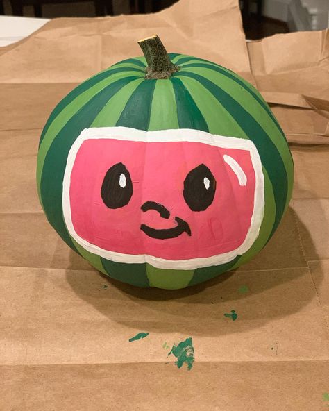 Cocomelon pumpkin Cocomelon Pumpkin, Diy Pumpkins Painting, Cute Painted Pumpkin Ideas, Pumpkin Decorating Diy, Hello Kitty Pumpkin, Halloween Pumpkin Crafts, Creative Pumpkin Painting, Cute Pumpkin Carving, Creative Pumpkin Decorating