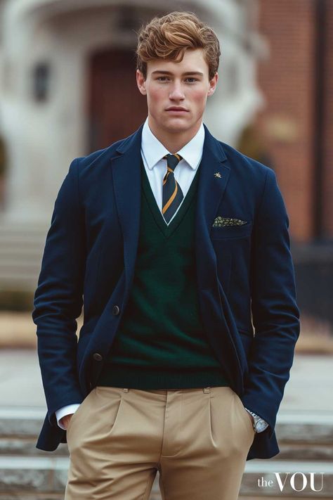 Old Money Preppy Fashion - A Styling Guide for Young Men Tartan Tie Outfit Men, Ivy League Outfit Men, Modern Preppy Style Men, Ivy League Style Men, Preppy Style Men, Tie Outfits Men, Old Money Style Outfits, Bradley Uppercrust Iii, Navy Blazer Outfits